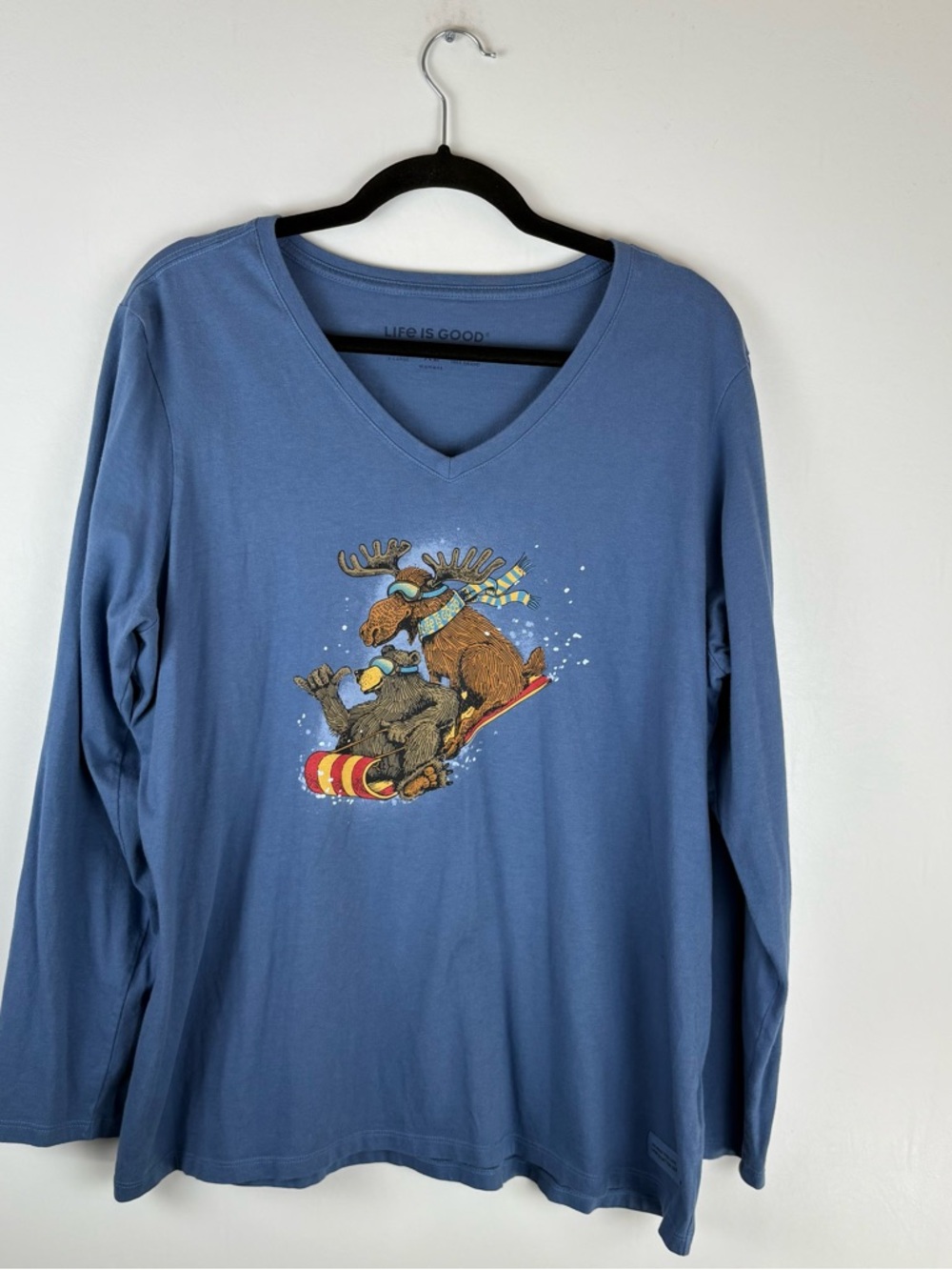 Life Is Good Womens X Large Long Sleeve Shirt Top V Neck Moose Bear Blue